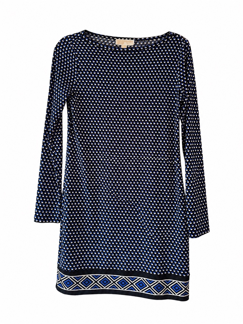 Michael Kors Navy & White Geometric-Print Long Sleeve Shift Dress